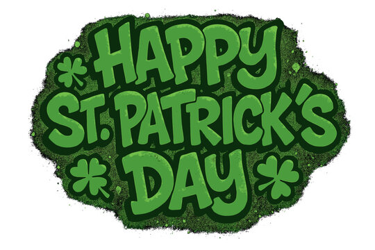 Happy St. Patrick's Day graffiti lettering. Urban spray paint street art text. Y2k textured vector for holiday greeting cards, posters, banners. Irish celebration with shamrocks.