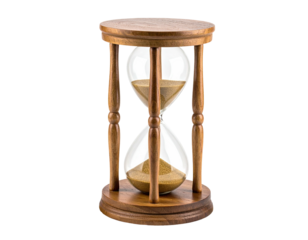 A classic hourglass with sand flowing through transparent glass chambers