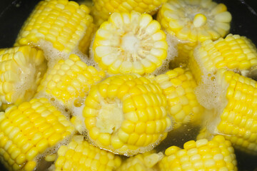 Corn pieces boiling in hot water inside a pan.