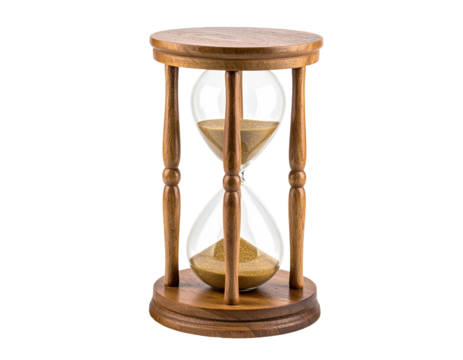 A classic hourglass with sand flowing through transparent glass chambers