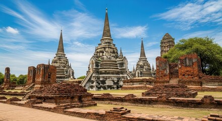 Fototapeta premium Ancient Thai Temple Ruins with Majestic Stone Stupas and Crumbling Red Brick Structures Under a Clear Blue Sky