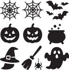 Obraz premium Silhouette Spooktacular: A collection of Halloween icons including cobwebs, bats, pumpkins, a cauldron, a witch's hat, a broom, a spider, and a ghost.