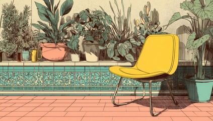 Yellow chair surrounded by plants on a patio.