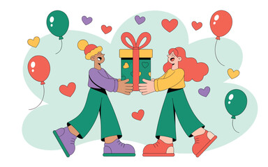 Two people sharing a gift surrounded by balloons and hearts