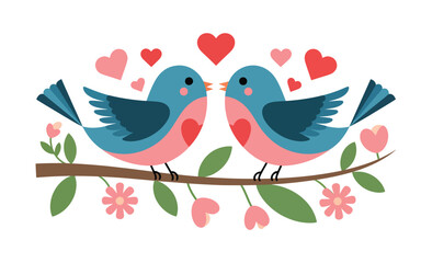 Two blue birds on a branch with hearts and flowers