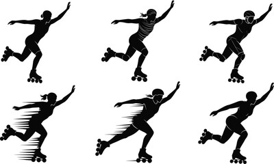 Roller skating silhouette, female skater vector, sport illustration, fitness activity design, black and white athlete graphic, speed motion conceptRoller skating 