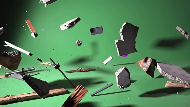 Debris from exploding concrete and wood fragments floating against a green background
