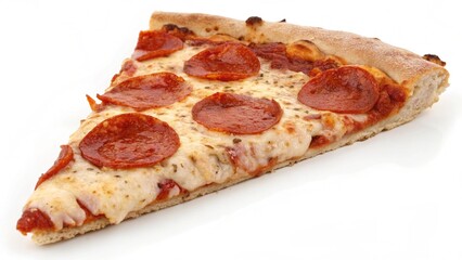 Isolated slice of delicious Italian pizza with mozzarella cheese, pepperoni, and tomato sauce on a white background
