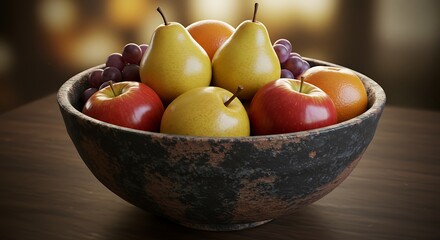 Healthy Mixed Fruit Bowl with Apples, Pears, Grapes, and Citrus on a Wooden Surface