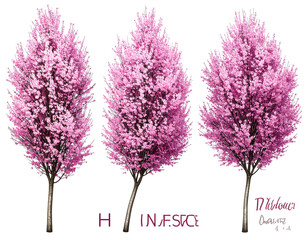 Three trees with abundant pink blooms against a stark black background