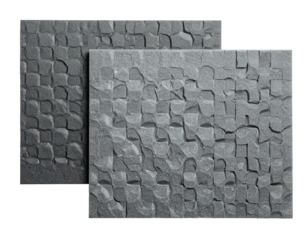 Two textured, gray stone panels with geometric patterns against a black background