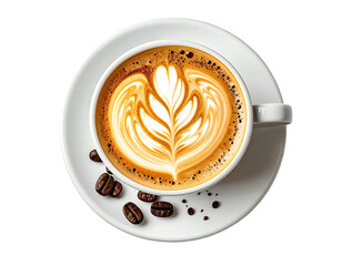 Latte art cup on white saucer with beans against a transparent background