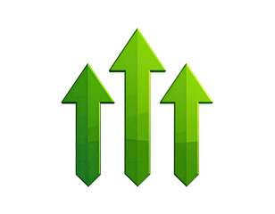 Three upward green arrows on black background. Shiny gradients, light sources