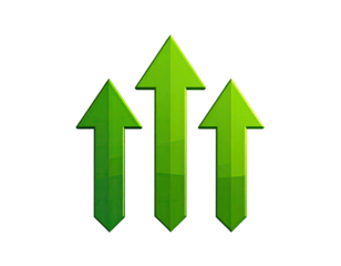 Three upward green arrows on black background. Shiny gradients, light sources