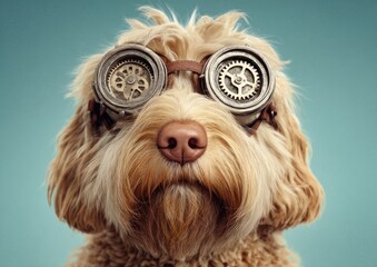Close-up portrait of a dog wearing steampunk goggles.
