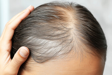 Fototapeta premium A close-up view of a person's scalp showing thinning hair and fingers touching the scalp.