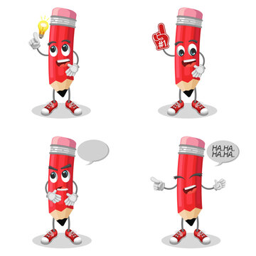 Cute Red Pencil with Facial Expressions &ndash; Fun Stationery Illustration Characters.  Cute and Playful Stationery Design.