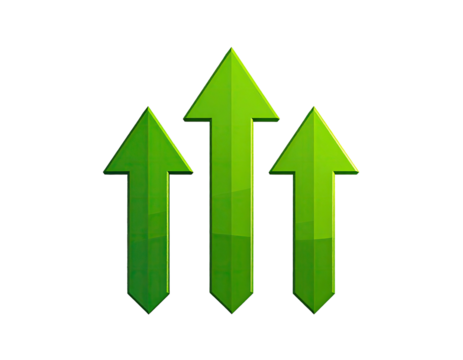 Three upward green arrows on black background. Shiny gradients, light sources