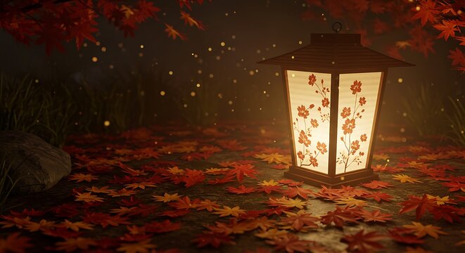 Glowing traditional Japanese lantern on a carpet of vibrant autumn maple leaves, creating a serene and magical twilight atmosphere.