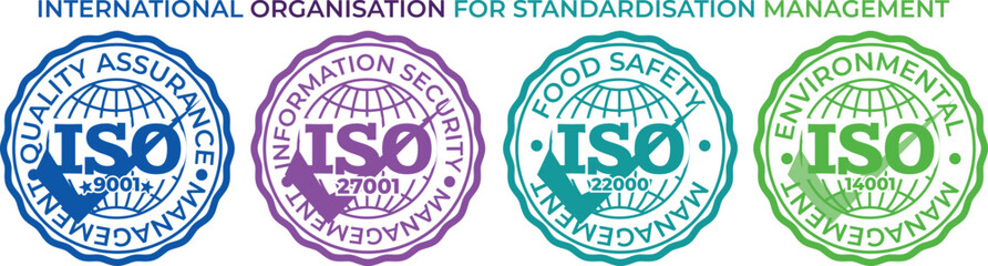 ISO Round Certification Badges for Quality Assurance, Food Safety, Information Security, and Environmental Standards