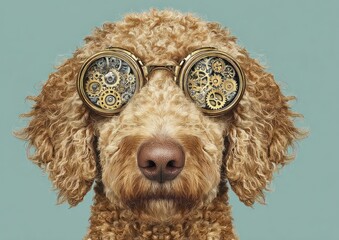 Close-up of a poodle with intricate steampunk goggles.