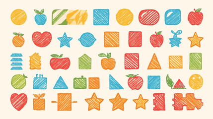 Handdrawn shapes like stars, apples, and squares suitable for childrens educational materials, posters, and art projects. Great for graphic design projects.