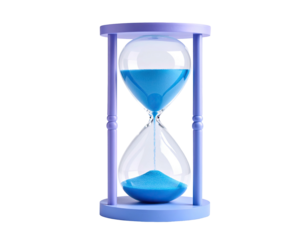 A classic hourglass with blue sand, set against a stark, black background