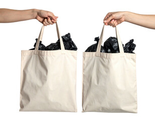Two hands holding canvas totes filled with black bags