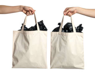 Two hands holding canvas totes filled with black bags