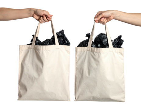 Two hands holding canvas totes filled with black bags
