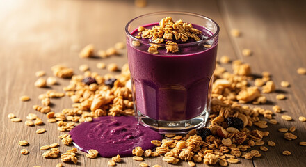 Purple acai smoothie in glass with spilled granola and oats on rustic table.
