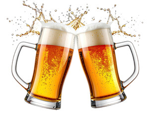 Two overflowing beer mugs clinking, creating a splash of golden foam