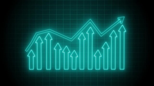 Neon Arrows Indicating Growth and Decline, Animated Bar Chart Background in Neon