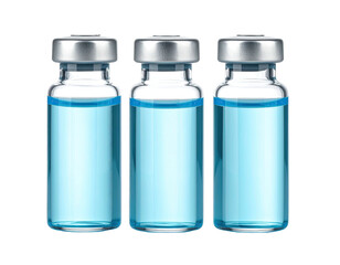 Three glass vials filled with bright blue liquid, silver caps, set against black