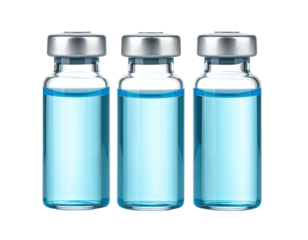 Three glass vials filled with bright blue liquid, silver caps, set against black