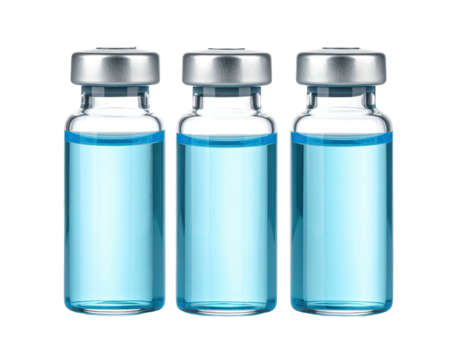 Three glass vials filled with bright blue liquid, silver caps, set against black