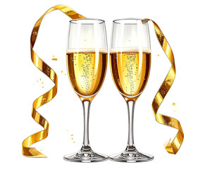 Two champagne flutes clinking, filled with bubbles, gold ribbons