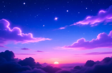 A dreamy sunrise paints the sky in soft pinks and purples above a sea of clouds, with twinkling stars fading into the morning light.