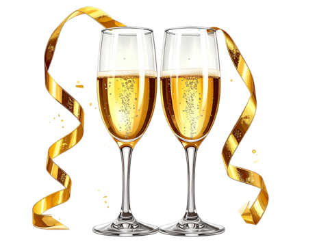 Two champagne flutes clinking, filled with bubbles, gold ribbons