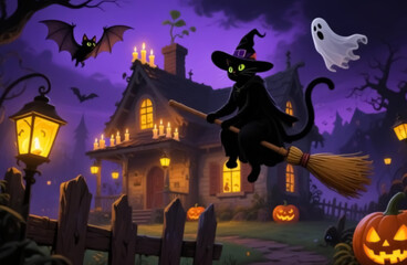 A black cat dressed as a witch soars through a moonlit Halloween sky, surrounded by glowing pumpkins, spooky ghosts, and fluttering bats.