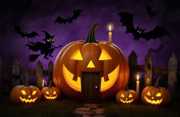 A glowing jack-o'-lantern transformed into a cozy house sits under a spooky purple sky, while a witchy black cat flies overhead on a broomstick surrounded by bats and flickering lanterns.