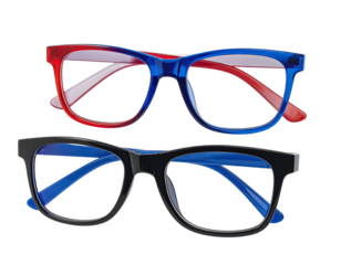 Two pairs of rectangular eyeglasses, one red/blue, the other black/blue, on a black background