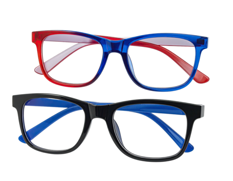 Two pairs of rectangular eyeglasses, one red/blue, the other black/blue, on a black background - Powered by Adobe