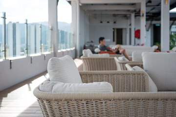 Outdoor lounge of a tourist resort. Vacation concept.
