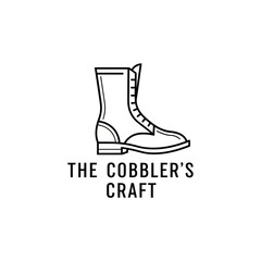 Line art illustration of a classic lace-up boot with 'The Cobbler's Craft' text, representing shoe repair and traditional craftsmanship.