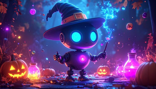 Enchanting Halloween night with a charming robot witch casting spells among glowing pumpkins and magical potions in a whimsical forest setting