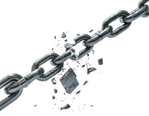 Metallic chain breaking apart mid-air, shards scattered against black background