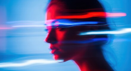 Futuristic cyberpunk portrait with neon light streaks and digital glitch effects