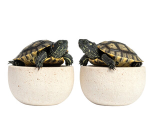 Two small turtles sit in matching ceramic pots, facing each other