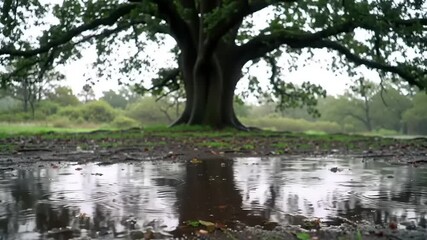 Raindrops creating ripples in a puddle on the ground with a large